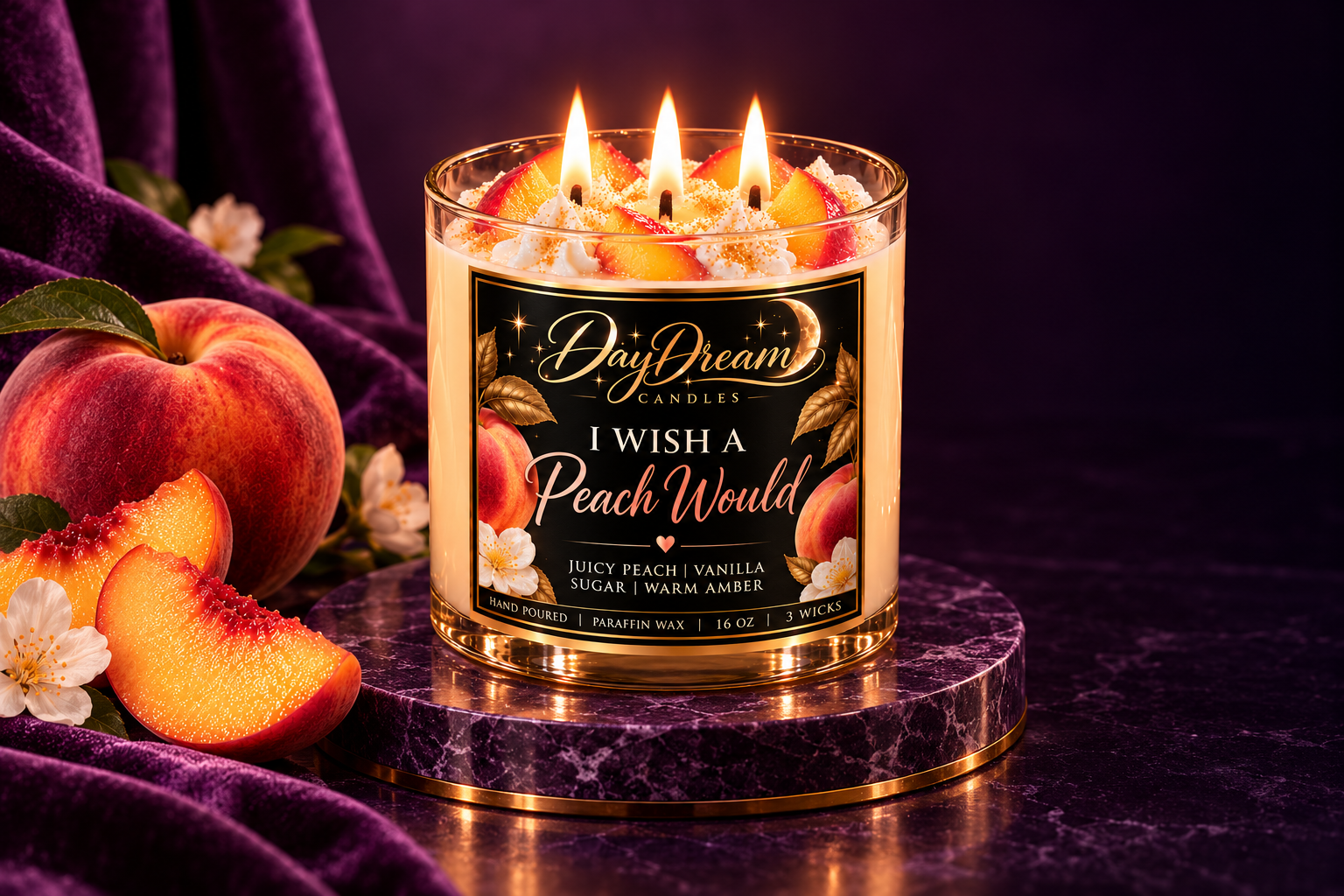DayDream Candles I Wish A Peach Would candle on a purple and gold pedestal