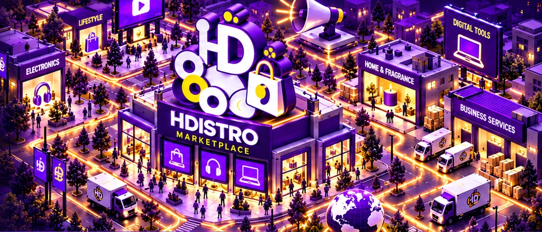 Purple and gold HDISTRO marketplace city with electronics, lifestyle, home, digital and business storefronts