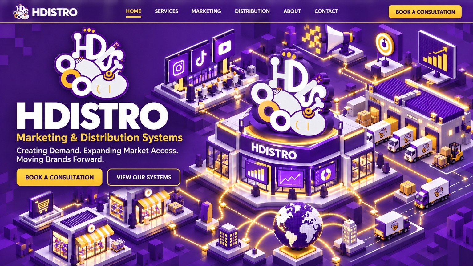 HDISTRO's purple and gold isometric city connects marketing studios, distribution warehouses, delivery trucks, retail stores and global markets.