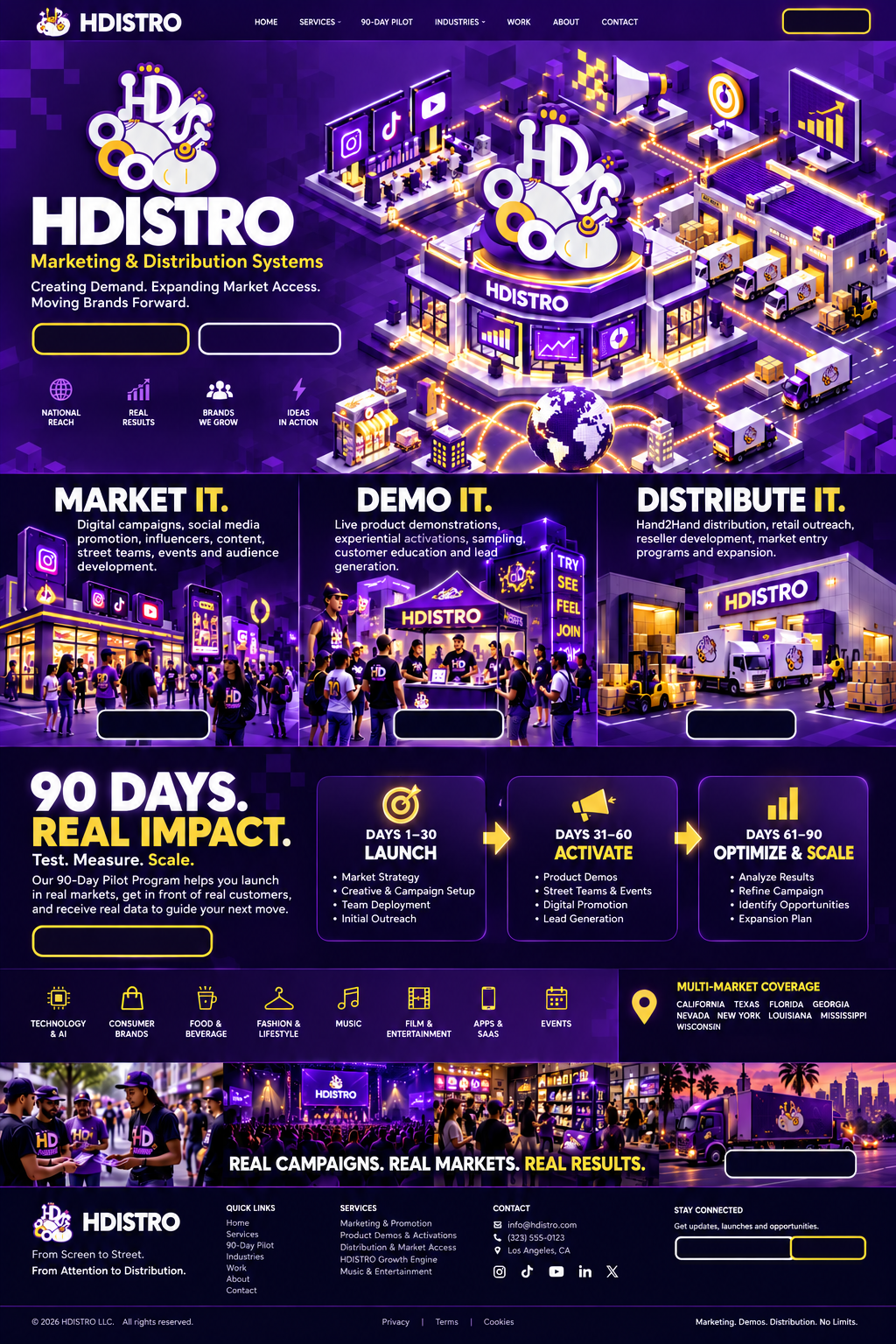 HDISTRO Marketing & Distribution Systems. Creating demand. Expanding market access. Moving brands forward. Market it: digital campaigns and audience development. Demo it: live demonstrations and experiential activations. Distribute it: retail outreach and market access. 90 days of launch, activation, optimization and scale.